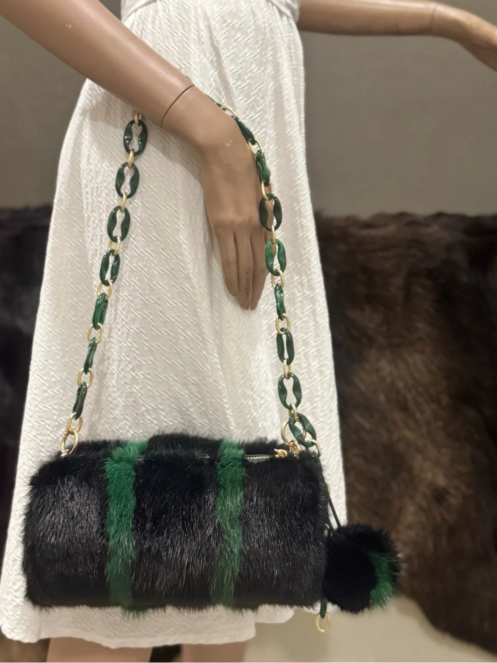 Colorblock Real Mink Fur Handcrafted Barrel Bag/Crossbody & Fur Ball Bag Charm